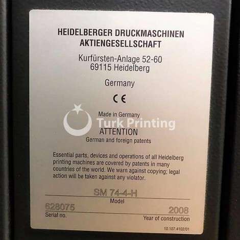 Used Heidelberg SM 74 - 4H Offset Printing Press year of 2008 for sale, price 210000 EUR, at TurkPrinting in Used Offset Printing Machines